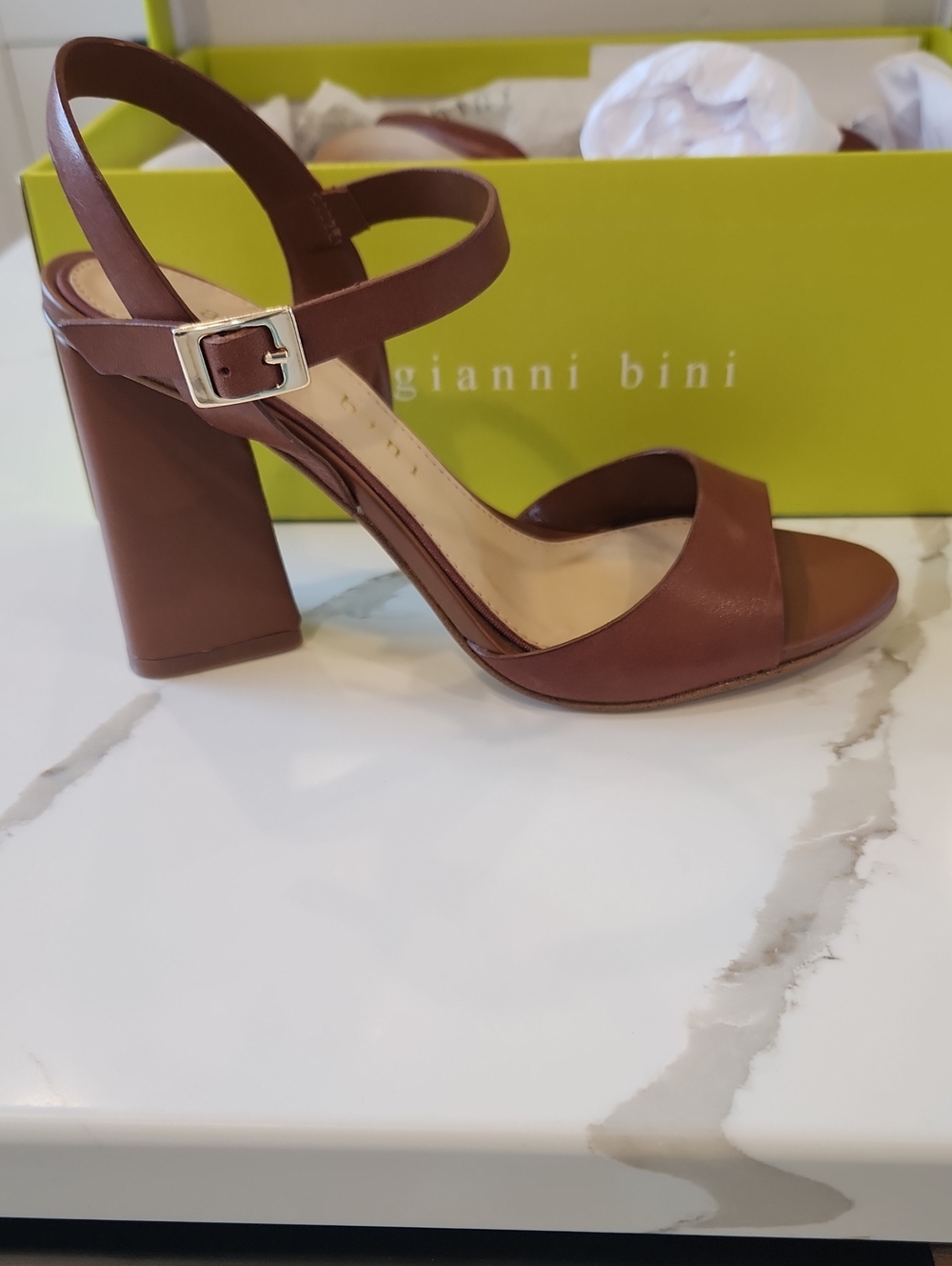 Gianni Bini Brown Leather Block Heel Sandal with Ankle Buckle